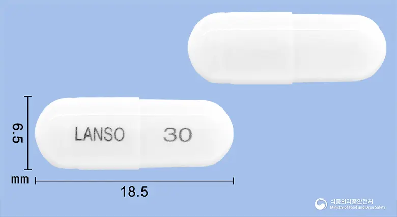 유니란소캡슐30밀리그램(란소프라졸) 앞뒤 사진 (흰색 캡슐, 각인 LANSO 30)
