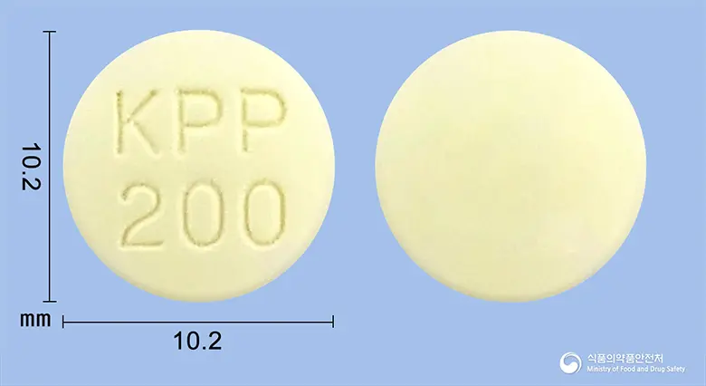 메티딘정(시메티딘) 앞뒤 사진 (연두색 원형, 각인 KPP200)