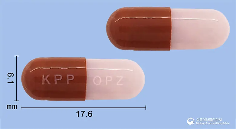 오프졸캡슐(오메프라졸) 앞뒤 사진 (갈색 캡슐, 각인 KPP OPZ)