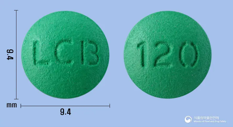 징코멕스정120mg(은행엽건조엑스) 앞뒤 사진 (초록색 원형, 각인 LCB / 120)