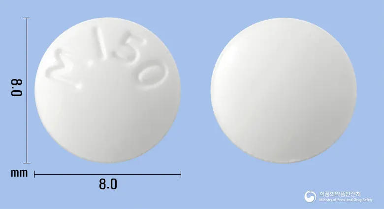 메부라틴정150밀리그람(트리메부틴말레산염)(수출명:MEBURATIN Tablet 150mg) 앞뒤 사진 (흰색 원형, 각인 M150)
