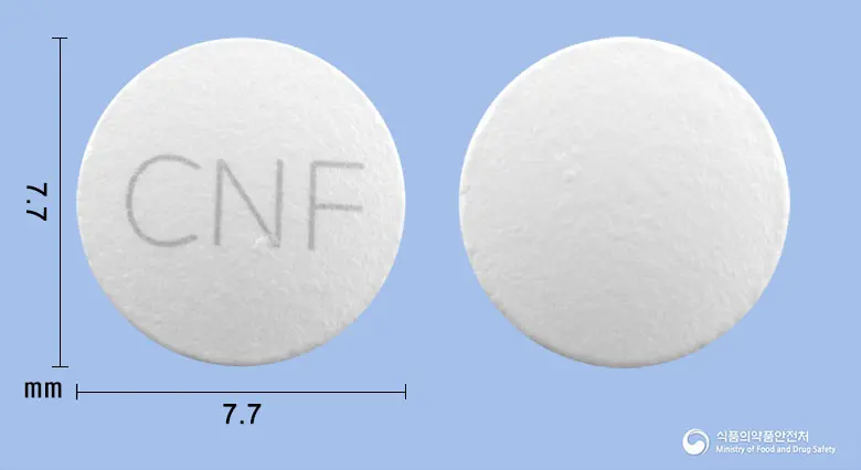 카나펜정(아세클로페낙) 앞뒤 사진 (흰색 원형, 각인 CNF)