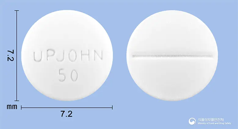 프로베라정10mg(메드록시프로게스테론아세테이트) 앞뒤 사진 (흰색 원형, 각인 UPJOHN50)