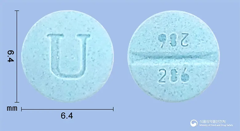 프로베라정5mg(메드록시프로게스테론아세테이트) 앞뒤 사진 (파란색 원형, 각인 U / 286 286)