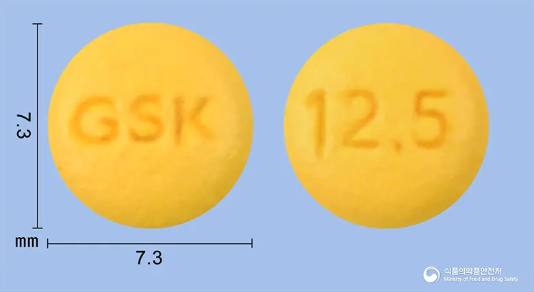 팍실CR정12.5밀리그램(파록세틴염산염수화물) 앞뒤 사진 (노란색 원형, 각인 GSK / 12.5)