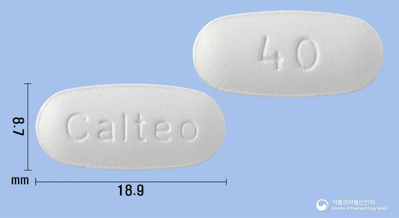 칼테오-40정(Calteo-40Tablets) 앞뒤 사진 (흰색 타원형, 각인 Calteo / 40)