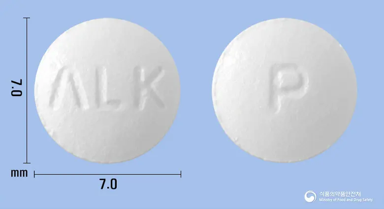 프로시톨정(프로피베린염산염) 앞뒤 사진 (흰색 원형, 각인 ΛLK / P)