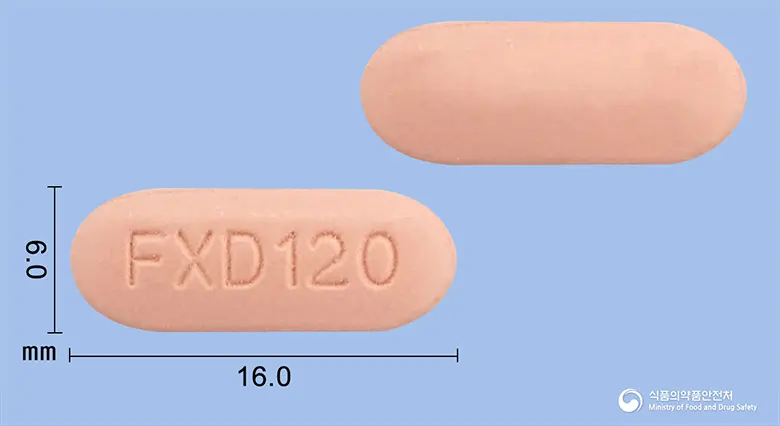펙손정120밀리그램(펙소페나딘염산염) 앞뒤 사진 (분홍색 장방형, 각인 FXD120)