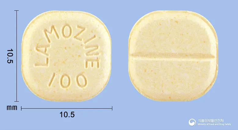 라모진정100밀리그람(라모트리진) 앞뒤 사진 (노란색 사각형, 각인 LAMOZINE100)