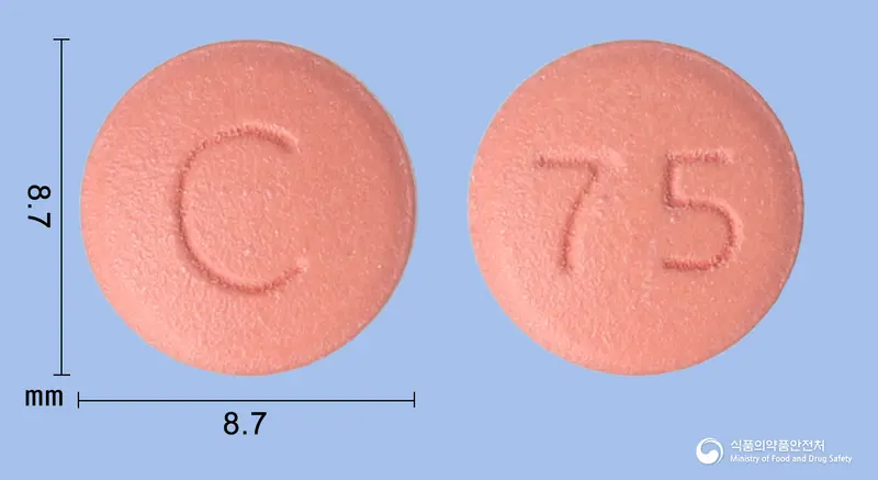 플라비톨정(클로피도그렐황산수소염) 앞뒤 사진 (분홍색 원형, 각인 C / 75)