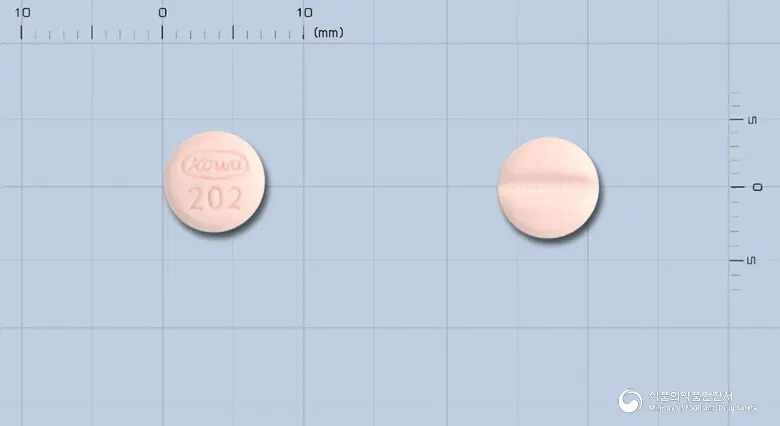 리바로정2밀리그램(피타바스타틴칼슘수화물) 앞뒤 사진 (분홍색 원형, 각인 202)
