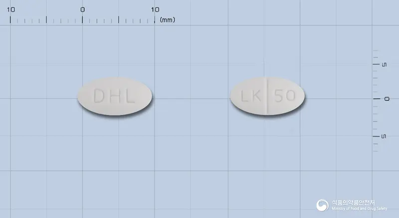 대한로사르탄칼륨정(로사르탄칼륨)(수출용) 앞뒤 사진 (흰색 타원형, 각인 DHL / LK 50)