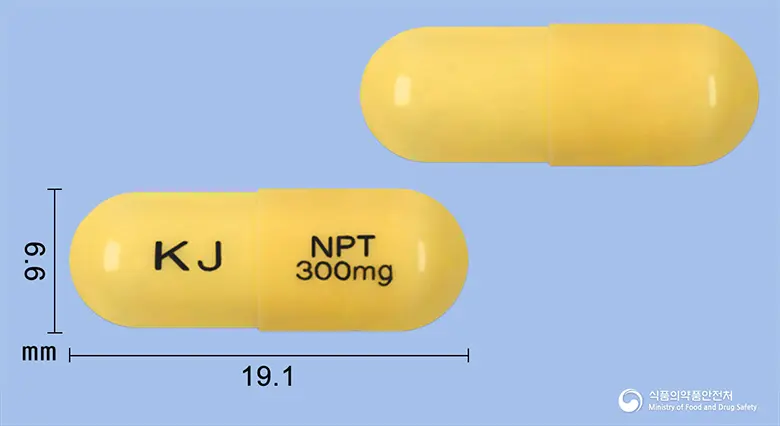 네오펜틴캡슐(가바펜틴) 앞뒤 사진 (노란색 캡슐, 각인 KJ NPT 300mg)