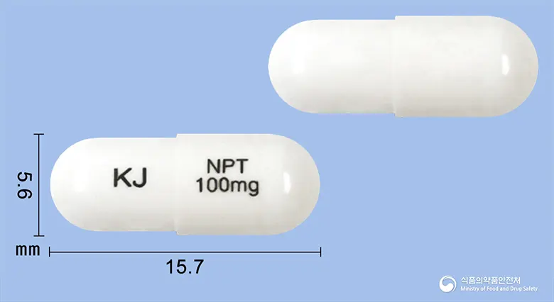 네오펜틴캡슐100밀리그람(가바펜틴) 앞뒤 사진 (흰색 캡슐, 각인 KJ NPT 100mg)