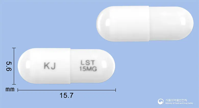 란스터캡슐15밀리그람(란소프라졸) 앞뒤 사진 (흰색 캡슐, 각인 KJ LST 15MG)
