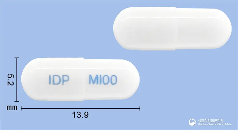 메가펜틴캡슐100밀리그램(가바펜틴) 앞뒤 사진 (흰색 캡슐, 각인 IDP M100)