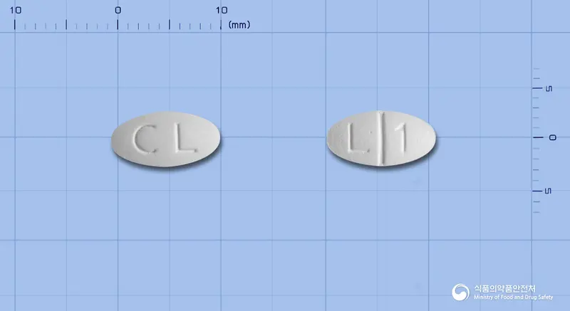 코살정(로사르탄칼륨) 앞뒤 사진 (흰색 타원형, 각인 CL / L 1)