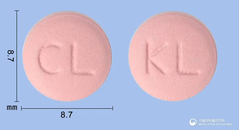 코빅스정75밀리그램(클로피도그렐황산수소염) 앞뒤 사진 (분홍색 원형, 각인 CL / KL)