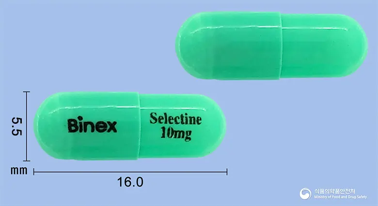 셀렉틴캡슐10밀리그램(플루옥세틴염산염) 앞뒤 사진 (초록색 캡슐, 각인 Selectine 10mg)