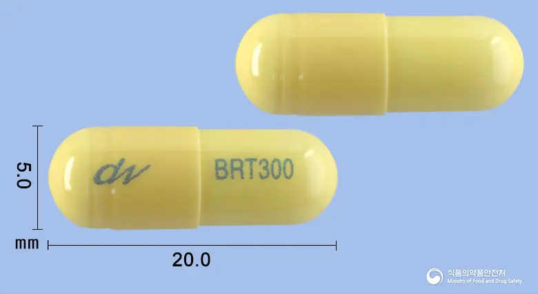 바론틴캡슐300밀리그람(가바펜틴) 앞뒤 사진 (노란색 캡슐, 각인 BRT300)