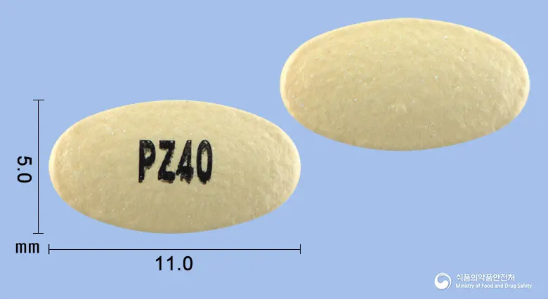 판테졸정(판토프라졸나트륨세스키히드레이트) 앞뒤 사진 (노란색 타원형, 각인 PZ40)
