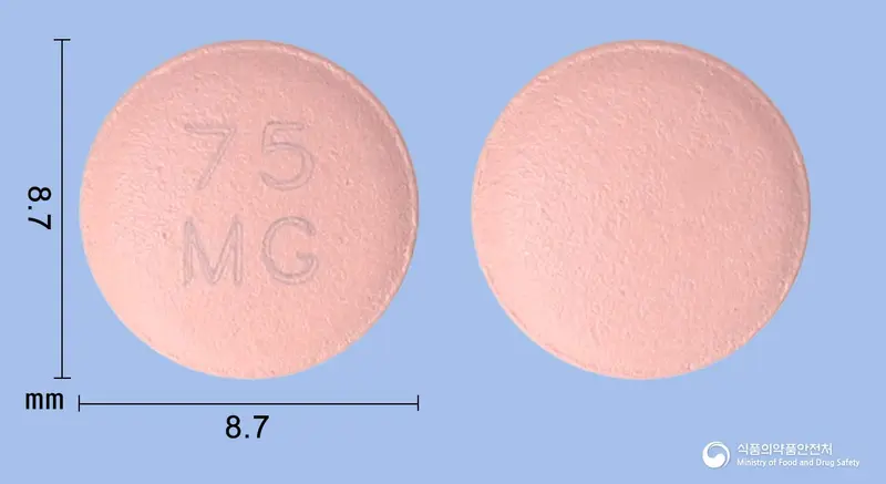 맥스그렐정(클로피도그렐황산수소염) 앞뒤 사진 (분홍색 원형, 각인 75MG)
