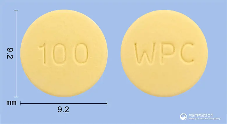 토피라트정100밀리그램(토피라메이트) 앞뒤 사진 (노란색 원형, 각인 100 / WPC)