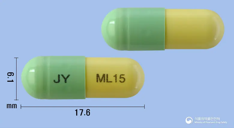 모리캄캡슐15mg(멜록시캄) 앞뒤 사진 (초록색 캡슐, 각인 JY ML15)