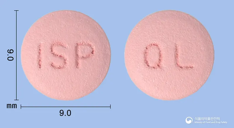 큐오렐정(클로피도그렐황산수소염) 앞뒤 사진 (분홍색 원형, 각인 ISP / QL)