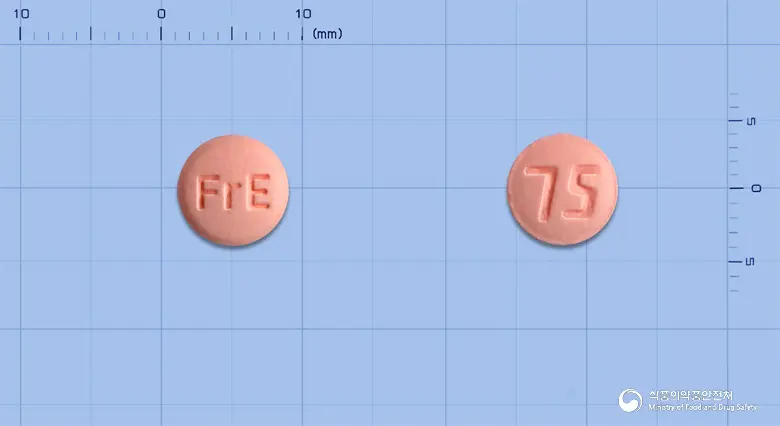 프레토정(클로피도그렐황산염) 앞뒤 사진 (분홍색 원형, 각인 FrE / 75)