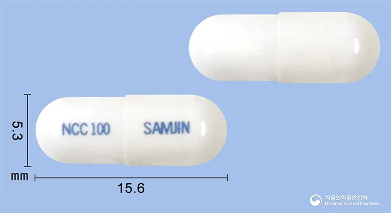 뉴로카바캡슐100밀리그램(가바펜틴) 앞뒤 사진 (흰색 캡슐, 각인 NCC100 SAMJIN)
