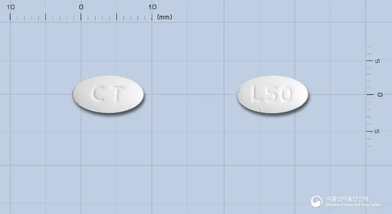 로자틴정(로사르탄칼륨) 앞뒤 사진 (흰색 타원형, 각인 CT / L50)