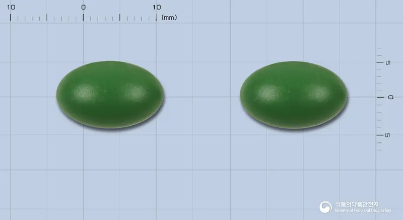 미오톨연질캡슐300mg(미르톨) 앞뒤 사진 (초록색 캡슐)