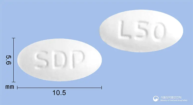 로사벨정(로사르탄칼륨) 앞뒤 사진 (흰색 타원형, 각인 SDP / L50)