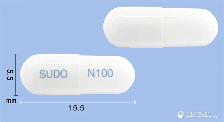 뉴로스캡슐100밀리그람(가바펜틴) 앞뒤 사진 (흰색 캡슐, 각인 SUDO N100)