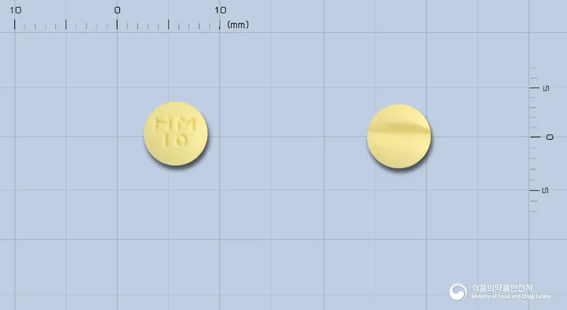 레카니핀정10밀리그람(레르카니디핀염산염) 앞뒤 사진 (노란색 원형, 각인 HM10)