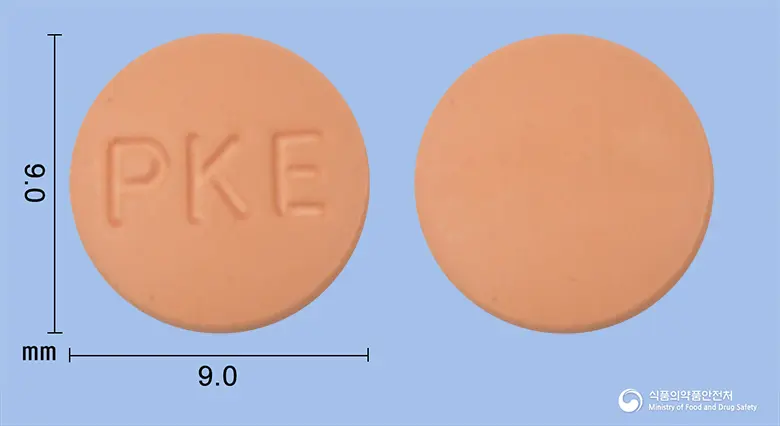 펠로틴정(펠로디핀) 앞뒤 사진 (분홍색 원형, 각인 PKE)