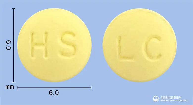 레카핀정(레르카니디핀염산염) 앞뒤 사진 (노란색 원형, 각인 HS / LC)