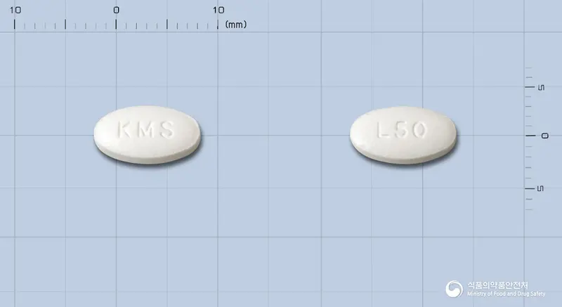 로코탄정50밀리그램(로사르탄칼륨) 앞뒤 사진 (흰색 타원형, 각인 KMS / L50)
