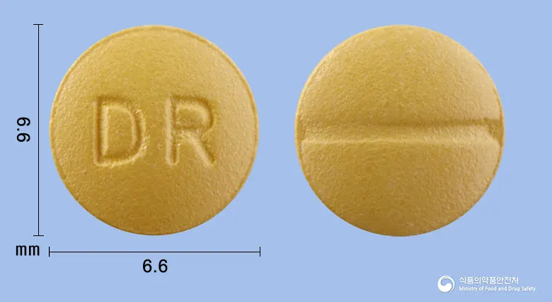 레카딥정(레르카니디핀염산염) 앞뒤 사진 (주황색 원형, 각인 DR)
