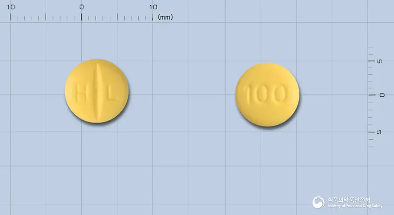 토피론정100밀리그램(토피라메이트) 앞뒤 사진 (노란색 원형, 각인 H L / 100)