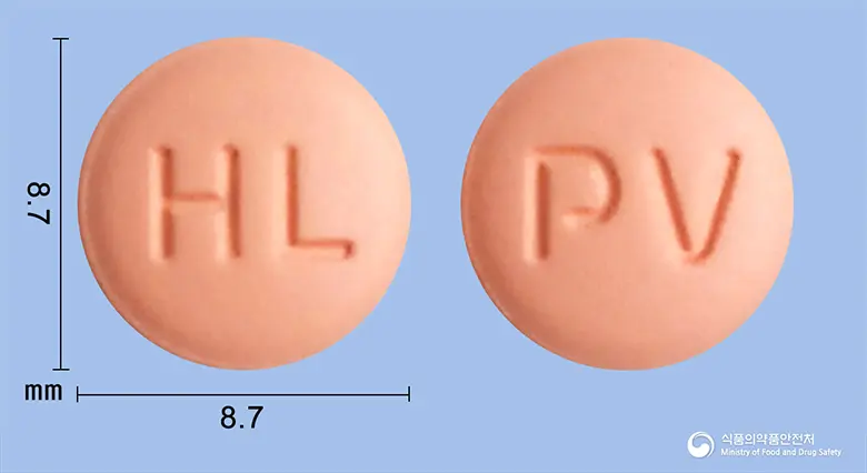 피도빅스정(클로피도그렐황산염) 앞뒤 사진 (분홍색 원형, 각인 HL / PV)