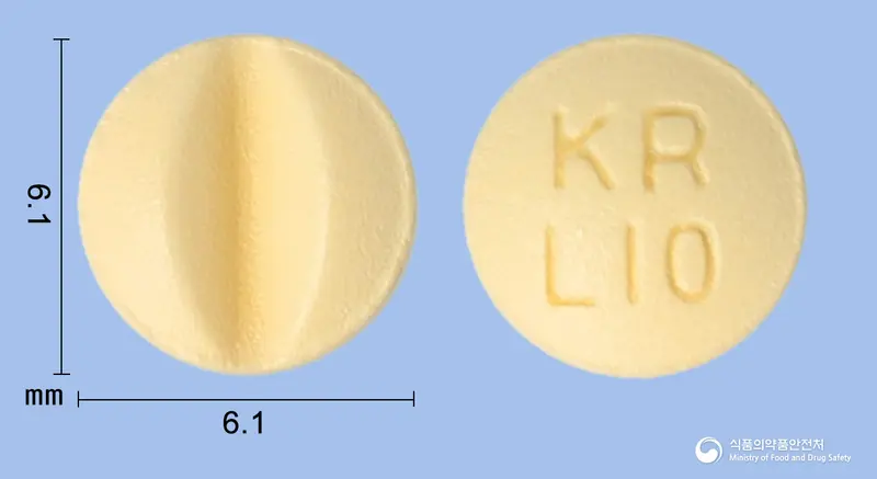 레카니정(레르카니디핀염산염) 앞뒤 사진 (주황색 원형, 각인 KRL10)