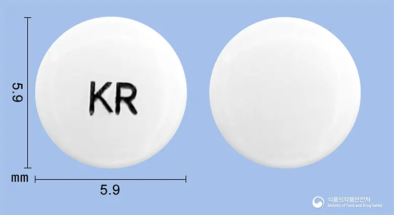 케이페리정(에페리손염산염) 앞뒤 사진 (흰색 원형, 각인 KR)