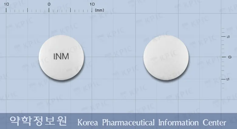 멕소자임정 앞뒤 사진 (흰색 원형, 각인 INM)