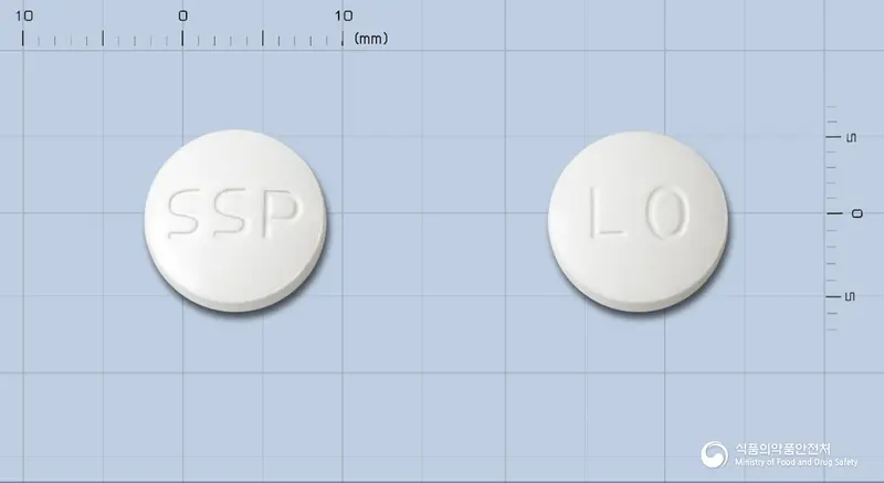 엘오시드정 앞뒤 사진 (흰색 원형, 각인 SSP / LO)