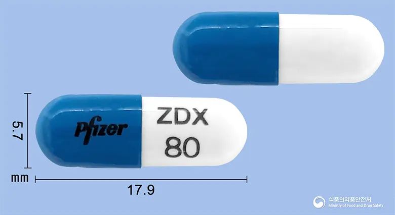 젤독스캡슐80밀리그램(지프라시돈염산염일수화물) 앞뒤 사진 (파란색 캡슐, 각인 ZDX 80)