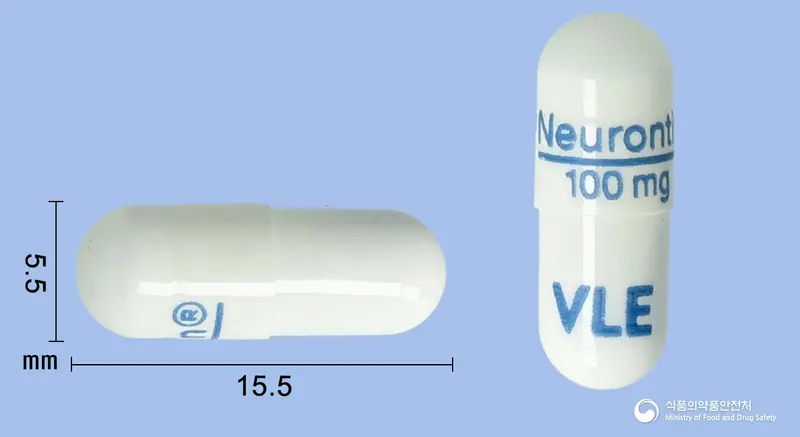 뉴론틴캡슐100밀리그램(가바펜틴) 앞뒤 사진 (흰색 캡슐, 각인 Neurontin®----------100mgVLE)