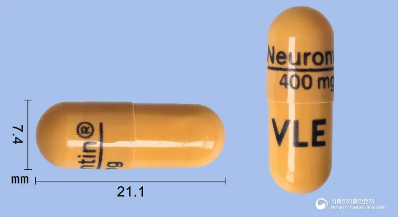 뉴론틴캡슐400밀리그램(가바펜틴) 앞뒤 사진 (주황색 캡슐, 각인 Neurontin®----------400mgVLE)