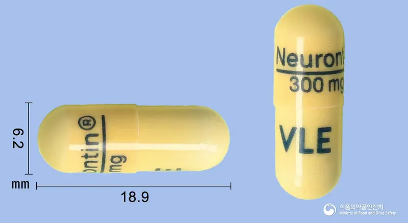 뉴론틴캡슐300밀리그램(가바펜틴) 앞뒤 사진 (노란색 캡슐, 각인 Neurontin®----------300mgVLE)
